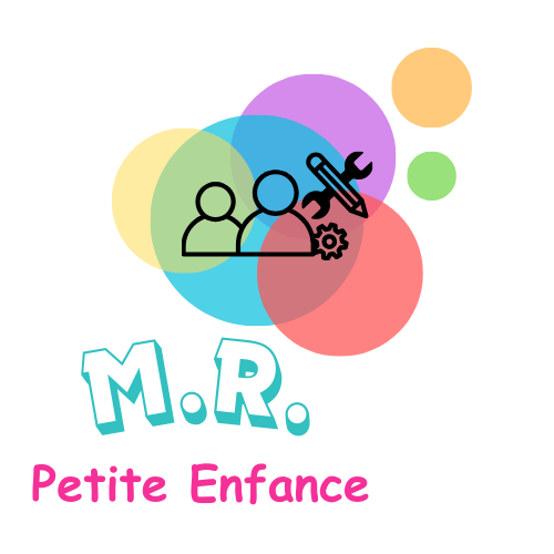 M.R.Petite enfance Logo coloré avec des silhouettes de personnes et un outil, mentionnant "M.R. Petite Enfance".
